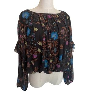Free People Floral Mesh Crop Top Black Multicolor Sheer Boho Peasant S